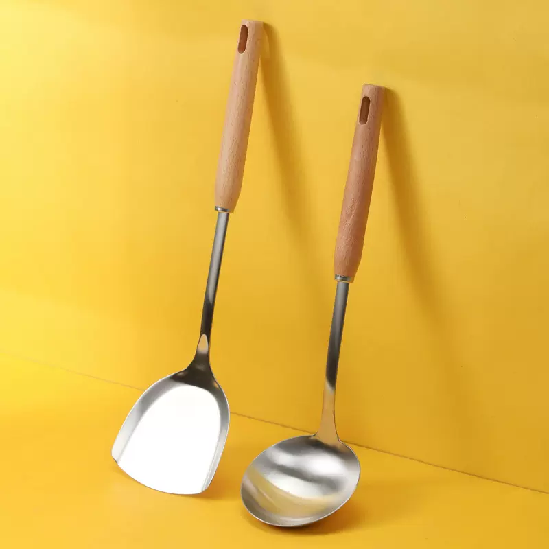 木柄304不锈钢锅铲家用厨具套装现货厨房烹饪汤勺铲漏煎铲榉木
