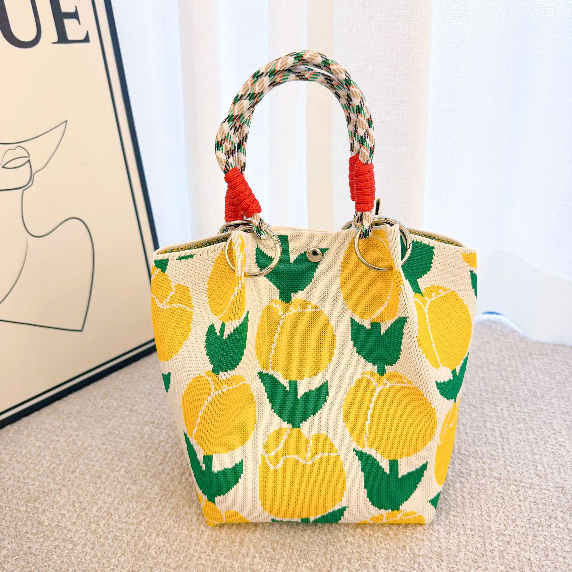 Sunflower Knit Ring Handle Structured Everyday Handbag 9