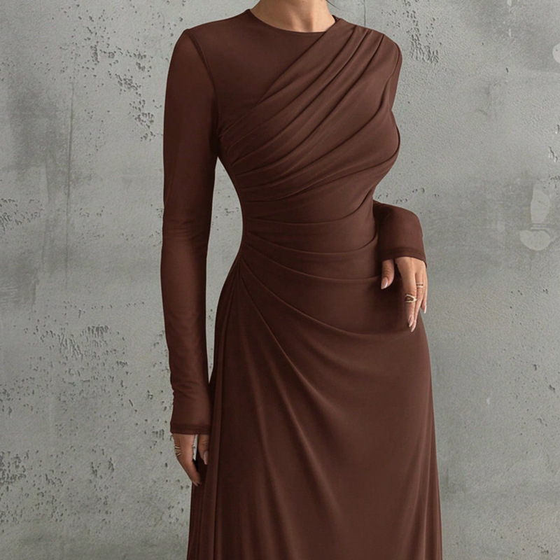 2026 European and American cross-border Amazon autumn new elegant and stylish round-neck mesh long-sleeve women's pleated dress 2026 European and American cross-border Amazon autumn new elegant and stylish round-neck mesh long-sleeve women's pleated dress