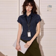 新款设计感修身收腰紧身短款衬衣美式辣妹藏蓝色条纹正肩衬衫女夏