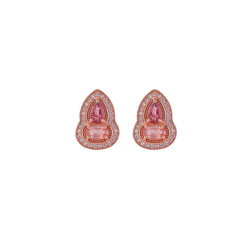 Bông tai bạc S925 mạ vàng hồng đính đá tourmaline hình quả hồ lô lấp lánh — Một cặp (màu tourmaline ngẫu nhiên)