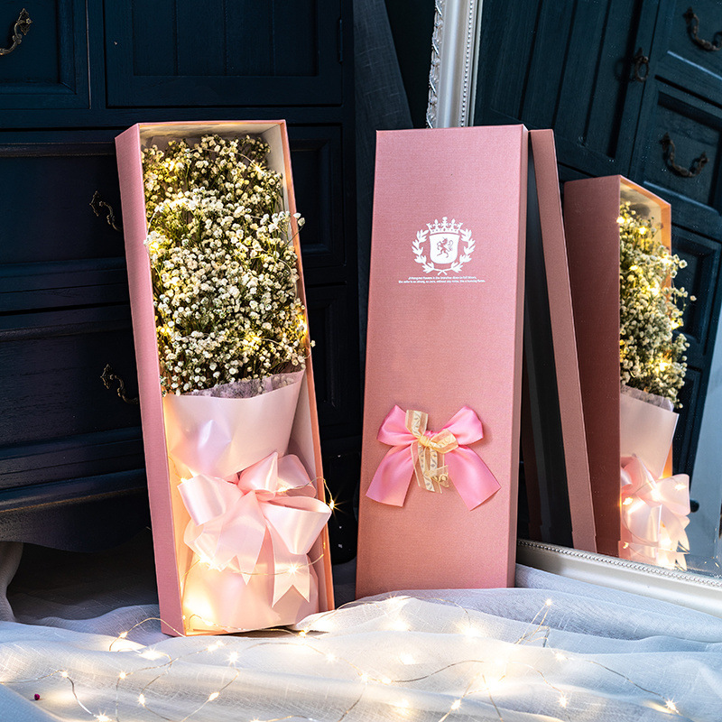 순백색 48cm 핑크색 선물상자-꽃다발+선물상자+LED조명