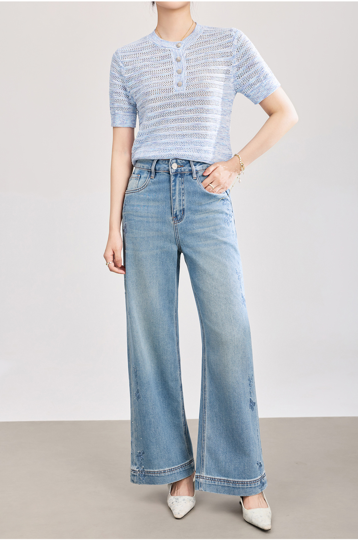 Quần jean nữ ống rộng chất liệu cotton phối lụa, thêu bướm đính kim cương — xanh lam chi tiết 25