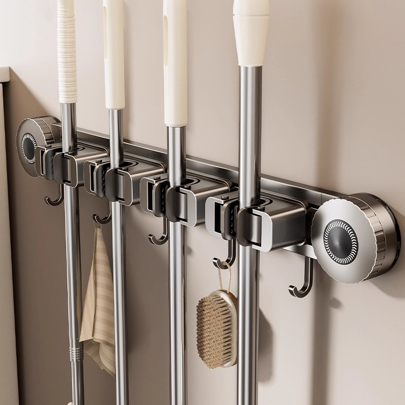 No-Drill Mop Holder Wall-Mounted Mop Storage Bathroom Toilet Balcony Storage Multifunctional Suction Cup Mop Rack