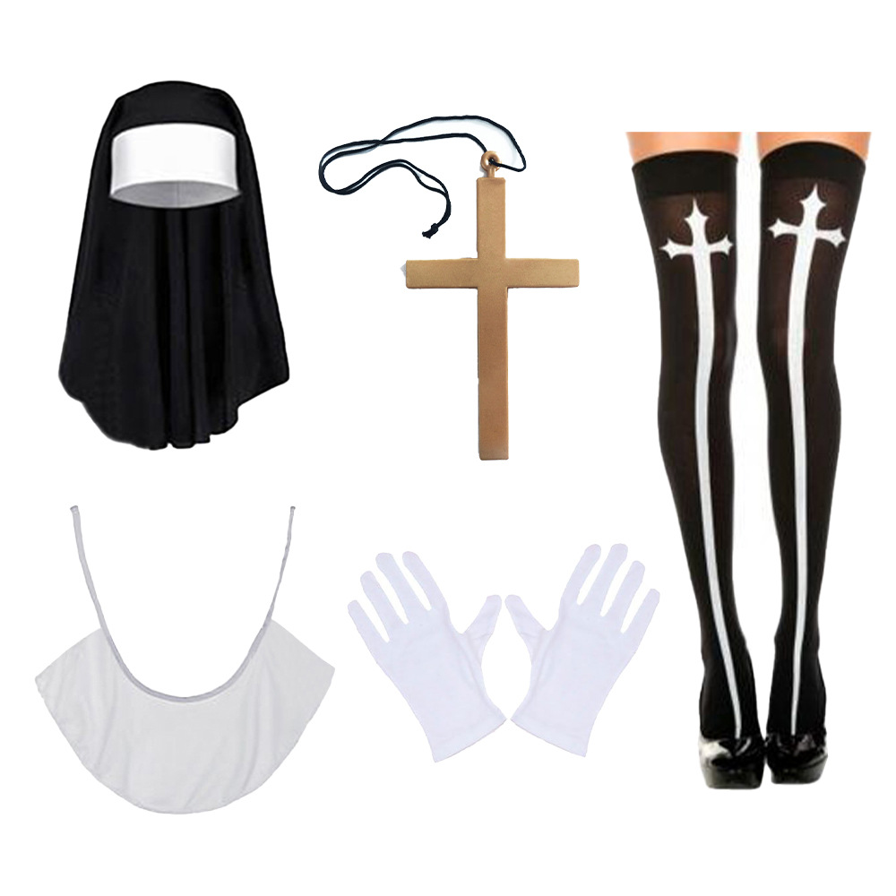 Halloween sexy cosplay monjas juegan disfraz ropa pañuelo calcetines collar crucifix set