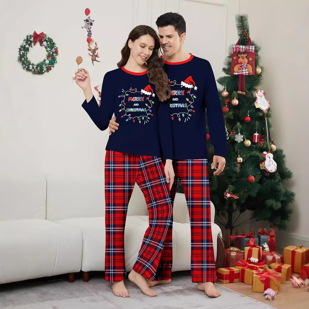 Chapeau de Père Noël alphabet lumineux avec vêtements de famille de Noël imprimés vêtements de maison pyjamas_voghion.com