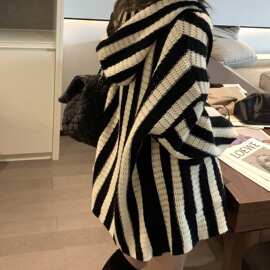 春季新黑白竖条纹连帽外套宽松慵懒中长款针织开衫女休闲风衣