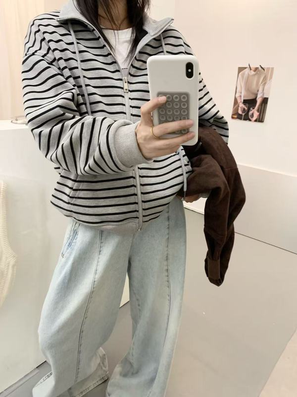 25s复古条纹卫衣开衫女 秋冬新款宽松慵懒风立领拉链厚款外套批发|undefined