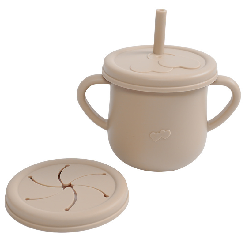 Vaso de aprendizaje para bebés con doble asa, vajilla para niños, vaso con pajita de silicona, vaso para refrigerios, vaso para agua con escala, vaso con doble tapa