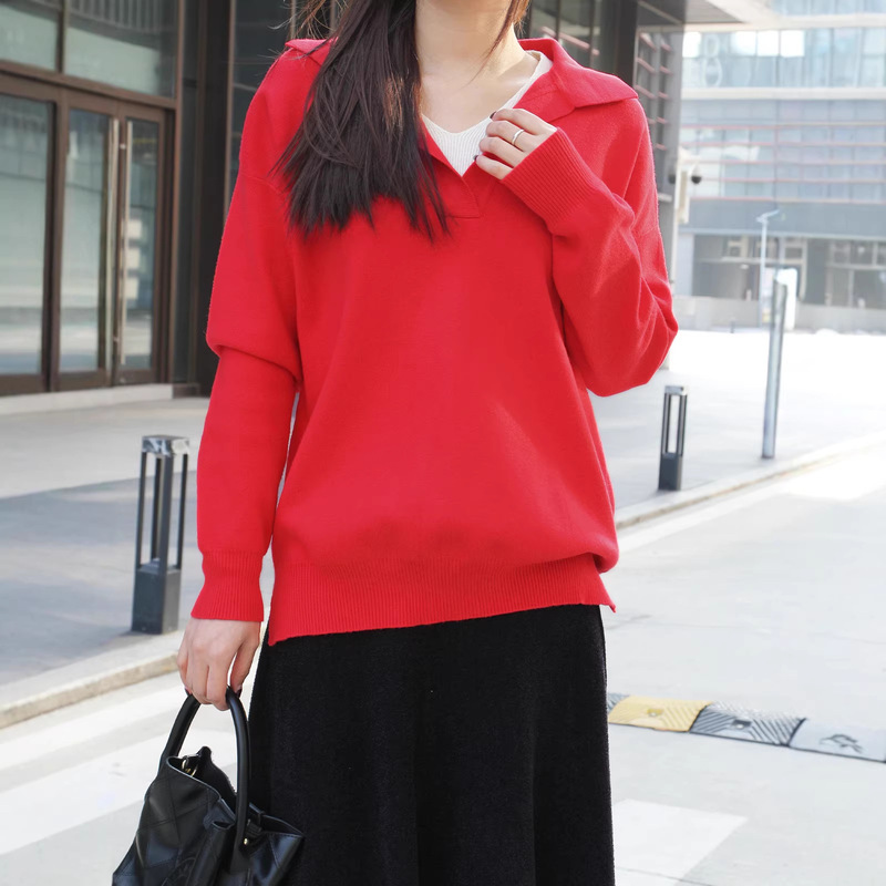 [In-Stock Direct Delivery] New Year Holiday Red Knitted Sweater for Women, Loose Long-Sleeve Top with Polo Collar, Base Sweater