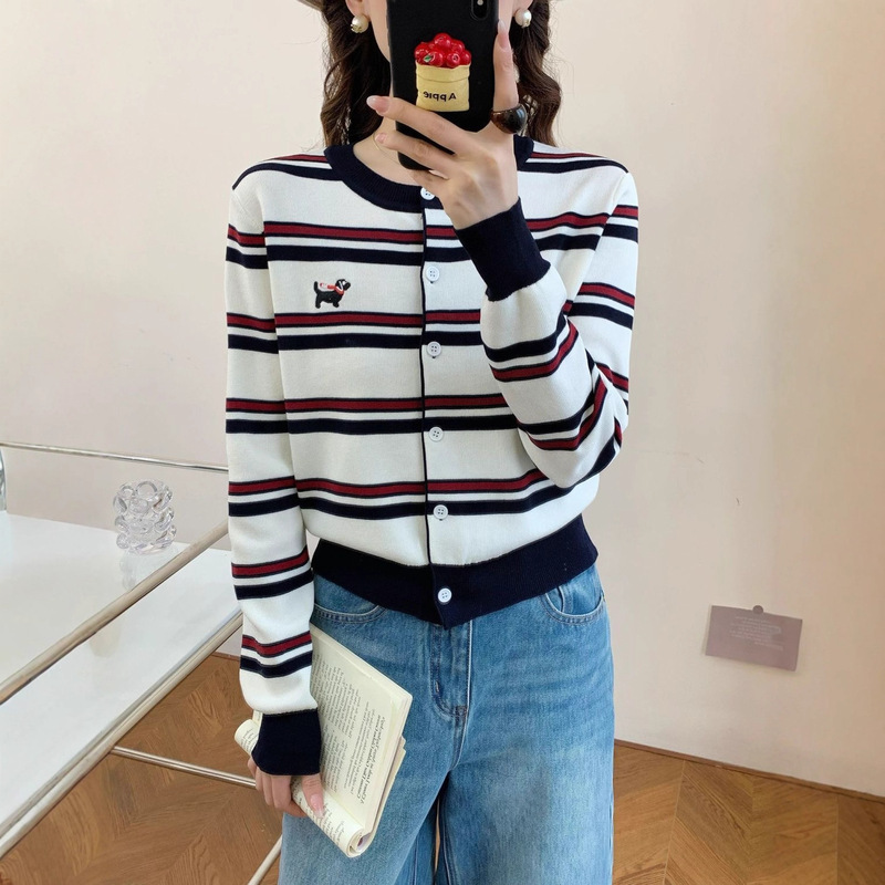 2025春秋条纹针织开衫女新款百搭小狗刺绣韩系温柔撞色外套上衣潮|undefined