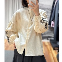 MAX25春夏新款复古绣花圆领单排扣宽松100亚麻帆布长袖衬衫女