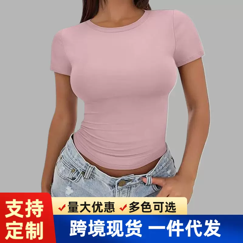 跨境欧美上衣T恤女装亚马逊2025春夏辣妹纯色短袖圆领修身t恤短款
