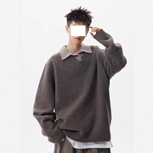 老钱风针织衫秋冬复古假两件V领毛衣男款polo套头翻领潮流打底衣