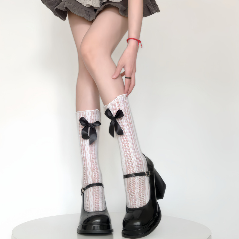 漁網レースのふくらはぎ靴下春夏蝶結び少女ヒープ中筒靴下麻花メッシュのふくらはぎ靴下女性JK|undefined