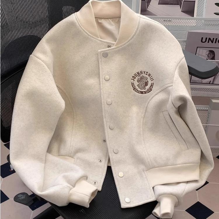 少女感满满！小香风棒球服毛呢外套女秋宽松飞行员夹克开衫上衣|undefined