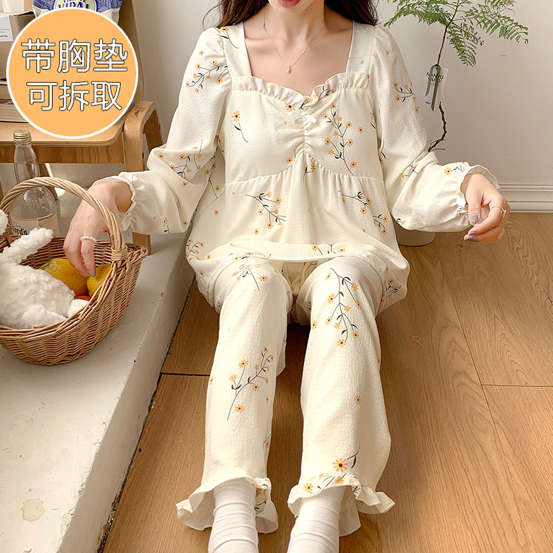 Princesa estilo simple pijamas de las mujeres tejido crepe cuello en V algodón manga larga Otoño e Invierno dulce desgaste del hogar con almohadilla de pecho traje