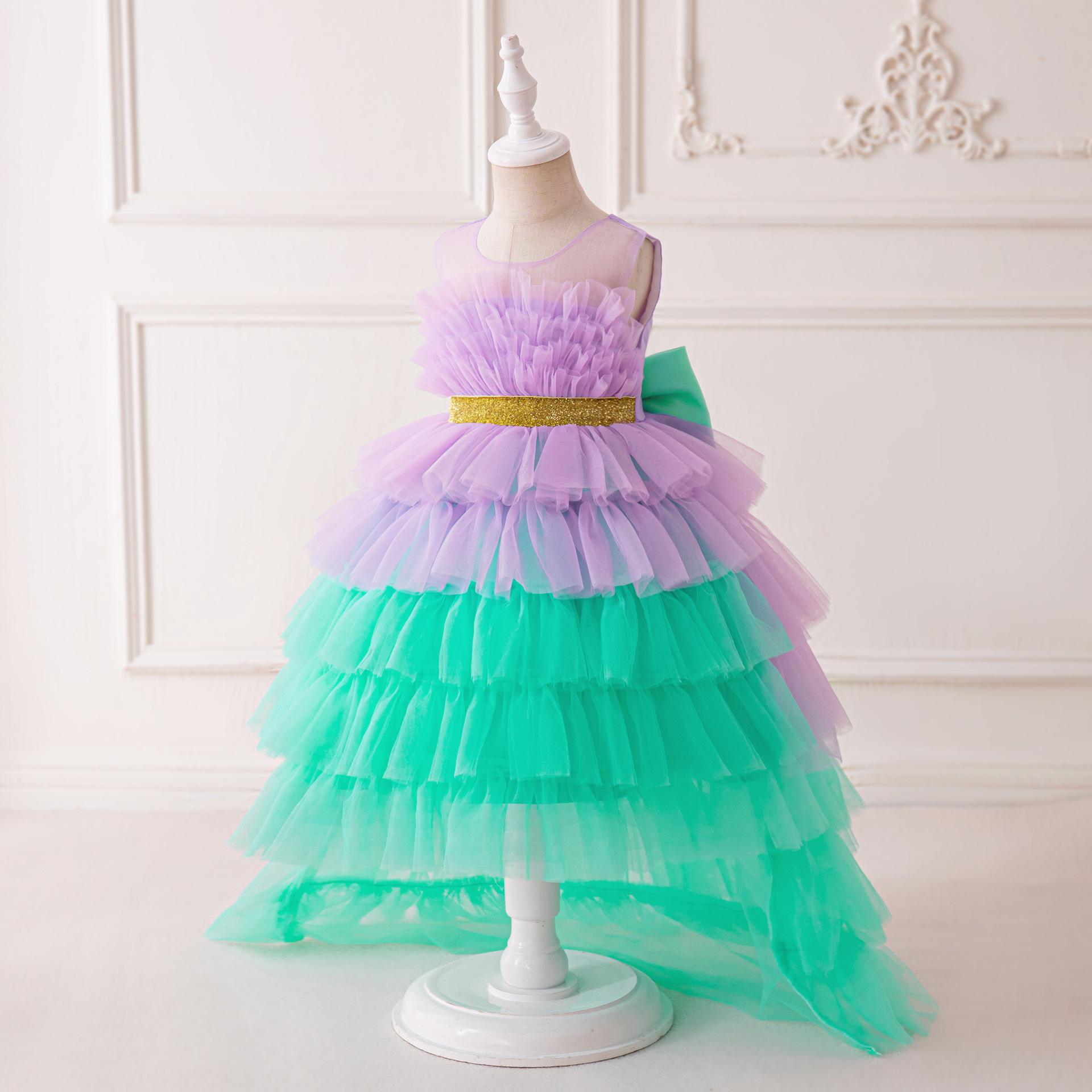 Vestido de niñas sirena vestido de princesa pastel de malla de cola de malla de arco de malla