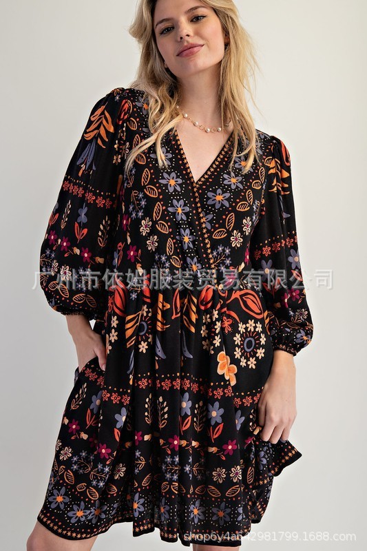 亚马逊25秋季新款跨境欧美女装印花V领宽松休闲短款长袖连衣裙女|undefined