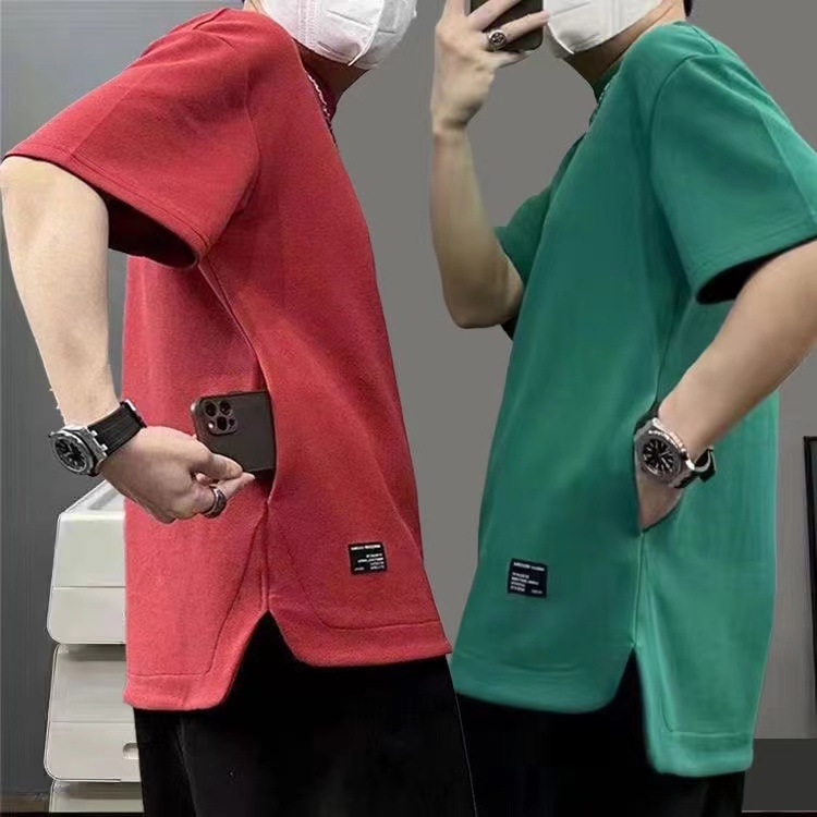 Men's Clothing Hidden pocket heavy waffle men's short sleeved round neck summer solid color loose large size T shirt cool and breathable_voghion.com