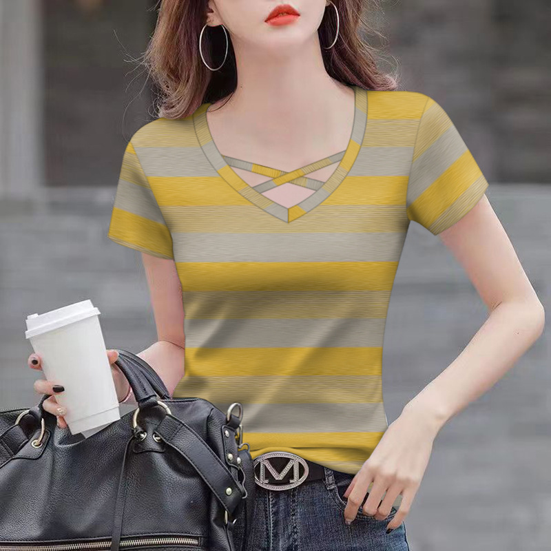 卸売 2025 新しい夏のホットスタイルの女性の T シャツ痩身お腹カバー V ネックファッション半袖ドロップシッピング|undefined