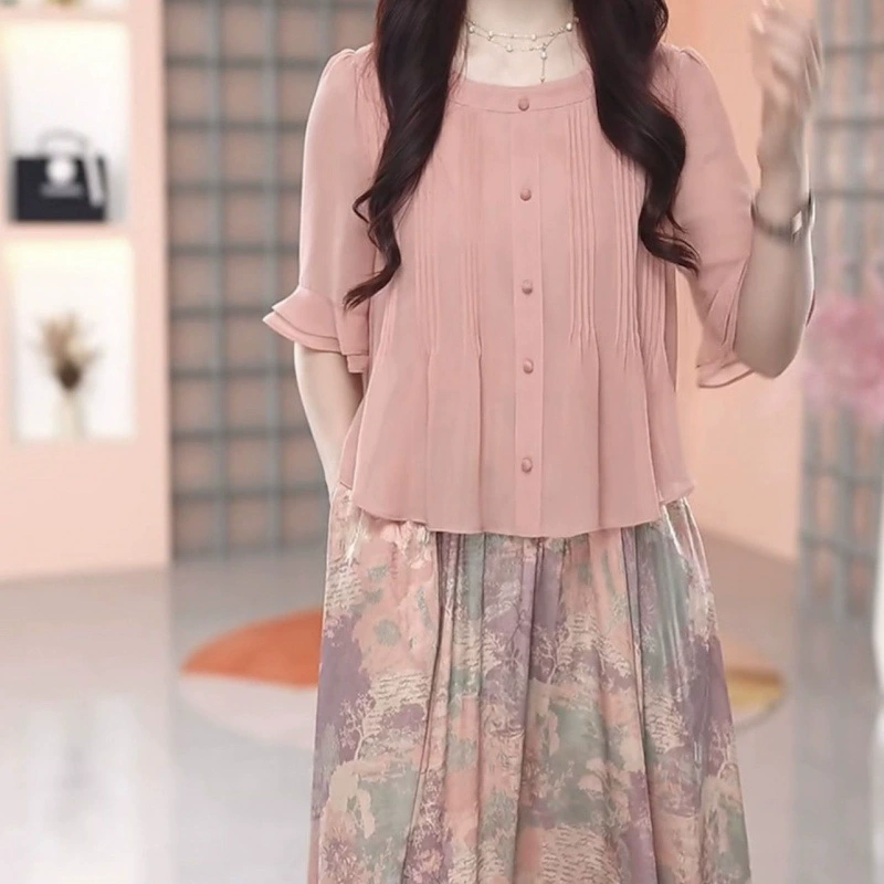 Женское платье из двух частей больших размеров среднего возраста, летний стиль, свободная утягивающая юбка для мамы со средним рукавом, закрывающая живот