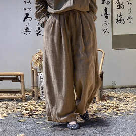秋季裤子女线苎麻棉禅意阔腿裤垂感高级感休闲宽松简约长裤C0910