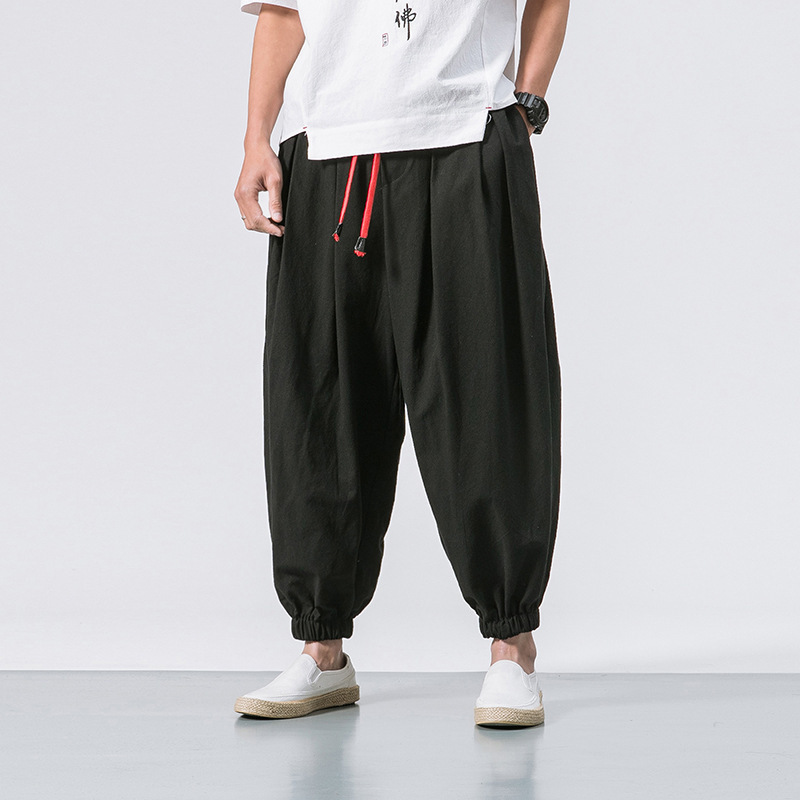 Foreign Trade 2024 New Men's Bloomers Loose Cotton and Linen Ankle Pants Men's Wide Leg Pants Harlan Footless Pants