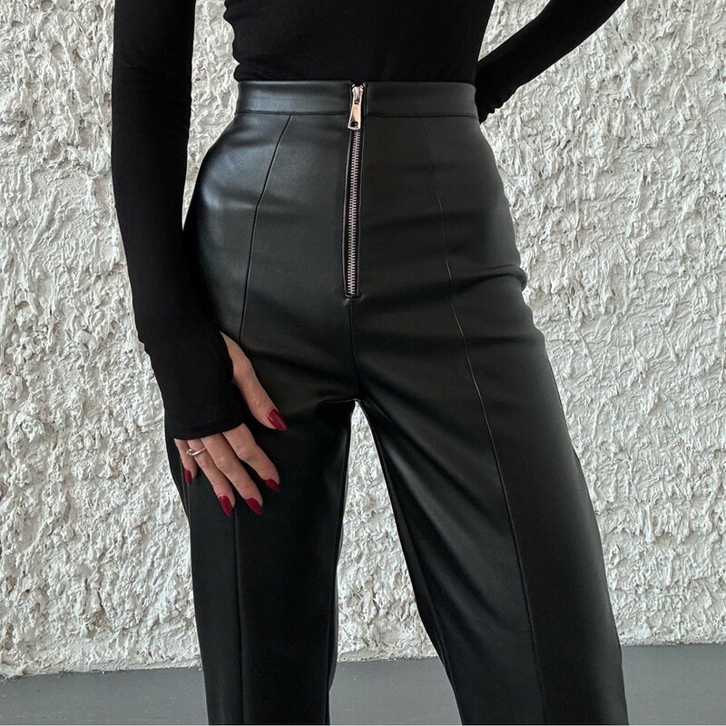 Cross-border European and American Leather Casual Pants Autumn and Winter High Waist Slimming Casual Straight Pants PU Wide Leg Leather Pants Solid Color Split