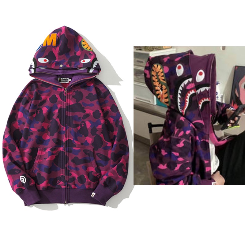 猿人APE サメと虎の頭刺繍入り迷彩柄ダブルハットスウェットシャツ メンズ ゆったりカーディガン ジップアップフード付きジャケット 夜光