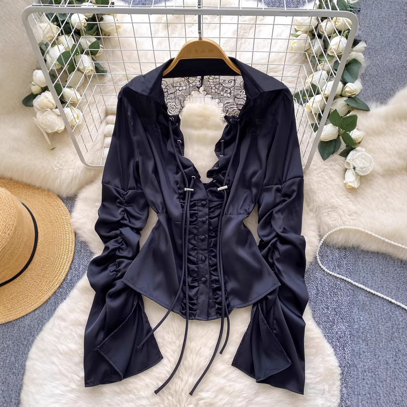 Light Luxury Socialite Style V-Neck Tie Long-Sleeve Shirt for Women, 2026 Autumn Design, Thoughtful Backless Tie Waist Top