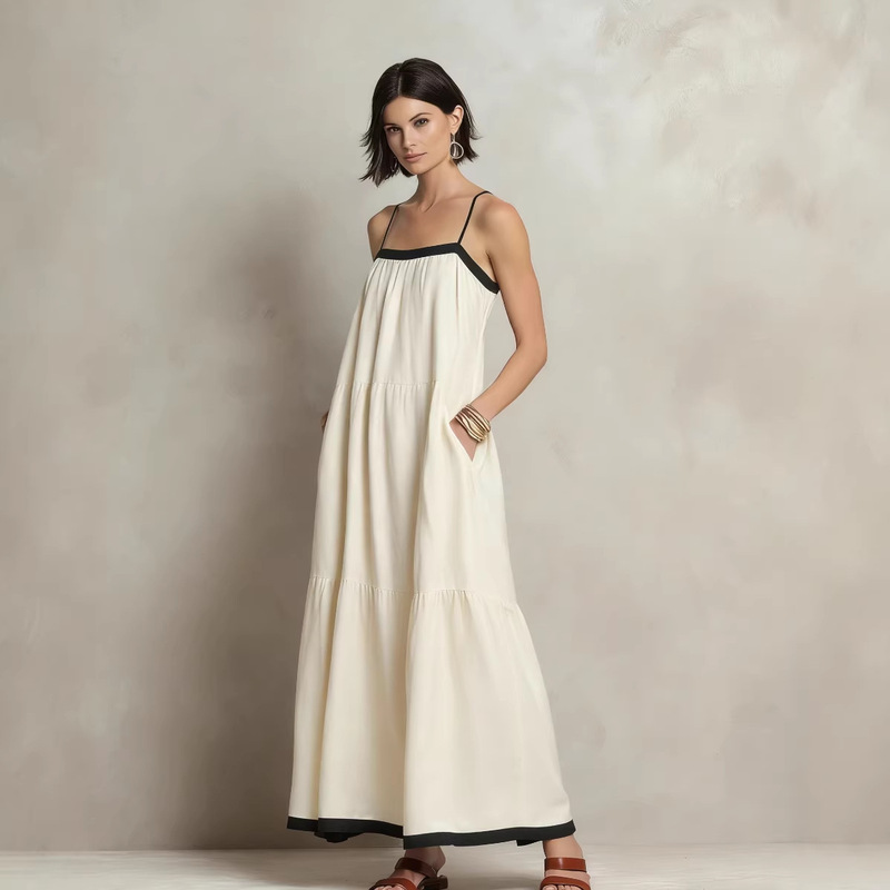 New Cross-Border 2026 Summer Retro Solid Color Spaghetti Strap Dress, Loose and Slimming, Vacation Style Long Dress