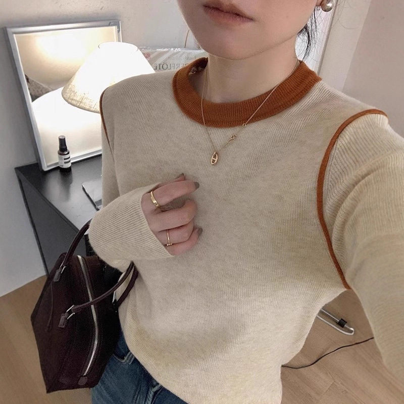 高级感拼色圆领针织打底衫女早秋季修身套头软糯毛衣内搭长袖上衣|undefined