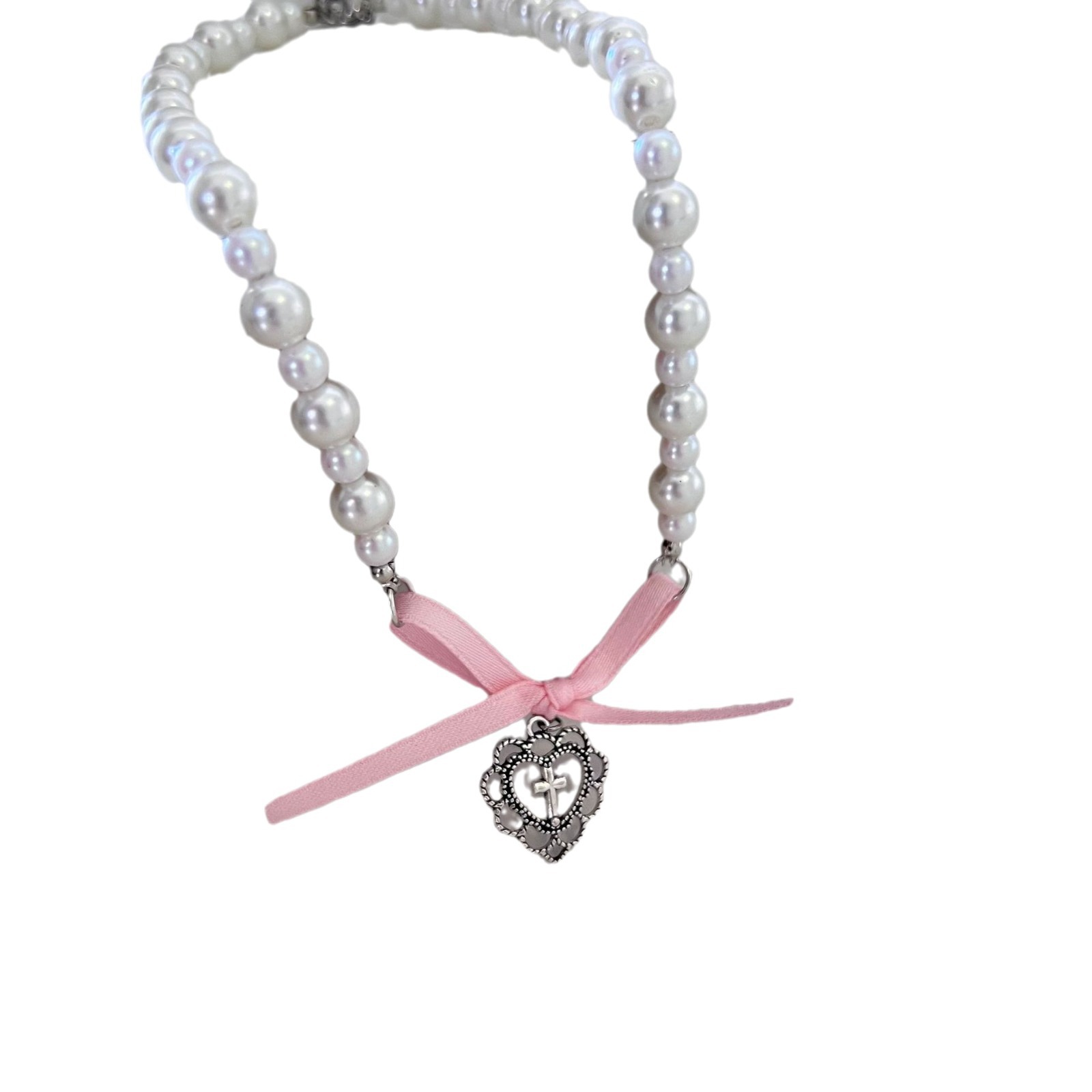 Pink Bow Heart Choker Necklace With Pearl Embellishment_voghion.com