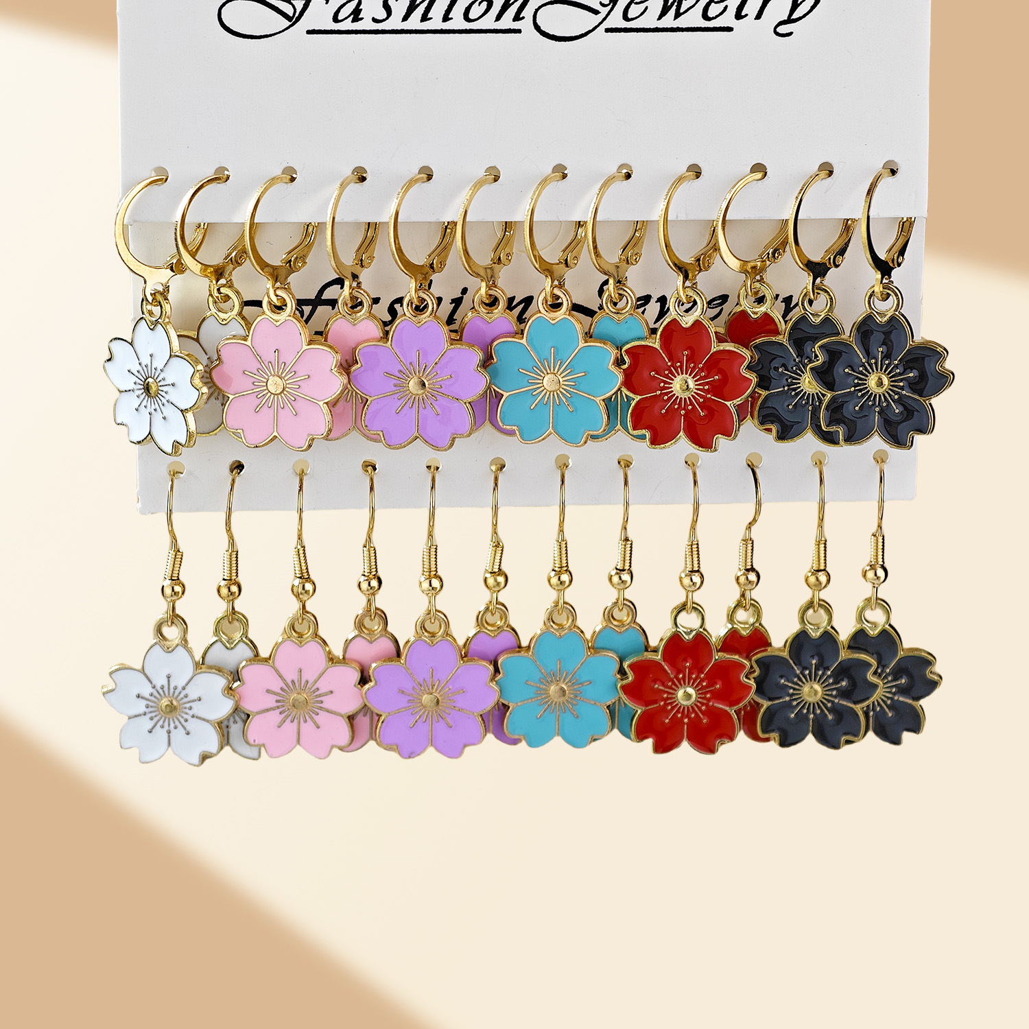 Juego de pendientes de aleación con diseño de flor de cerezo, estilo europeo y americano, superventas transfronterizo, diseño de nicho, con efecto de goteo de aceite y colores vibrantes, venta al por mayor