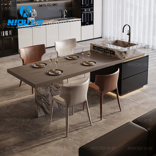 Expandable Island Dining Table with Integrated Rock Slab, Luxury Stone, Italian Minimalist High-End Small Apartment, Customizable