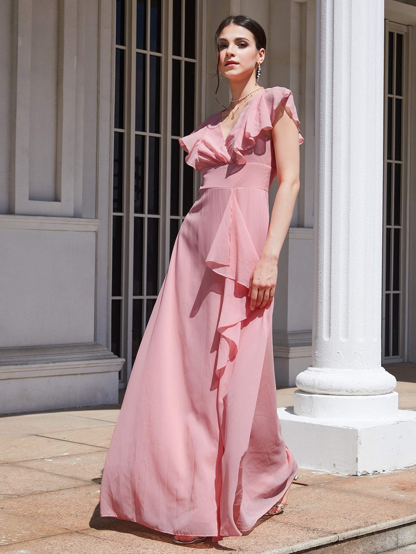 Otoño e invierno europeo y americano Comercio exterior transfronterizo nueva ropa de mujer deseo Amazon color sólido vestido delgado vestido de dama de honor