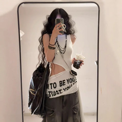 オリジナル生地のアメリカギャル風ノースリーブストラップベスト女性夏外着デザイン感露腰修身プリント上着