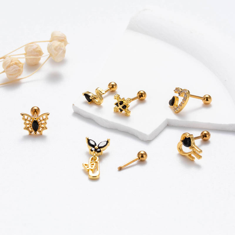 Orecchini a lobo cuore farfalla in acciaio inox con zircone nero_voghion.com