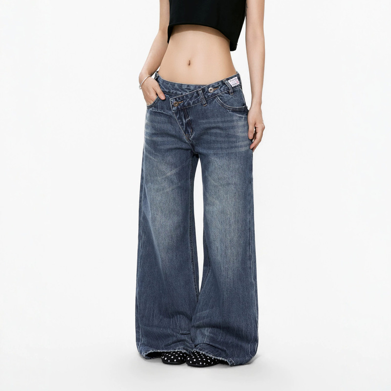 Paris buckle design diagonal placket jeans for men and women, American style, loose fit, mid-low waist, distressed, slightly flared long pants Paris buckle design diagonal placket jeans for men and women, American style, loose fit, mid-low waist, distressed, slightly flared long pants