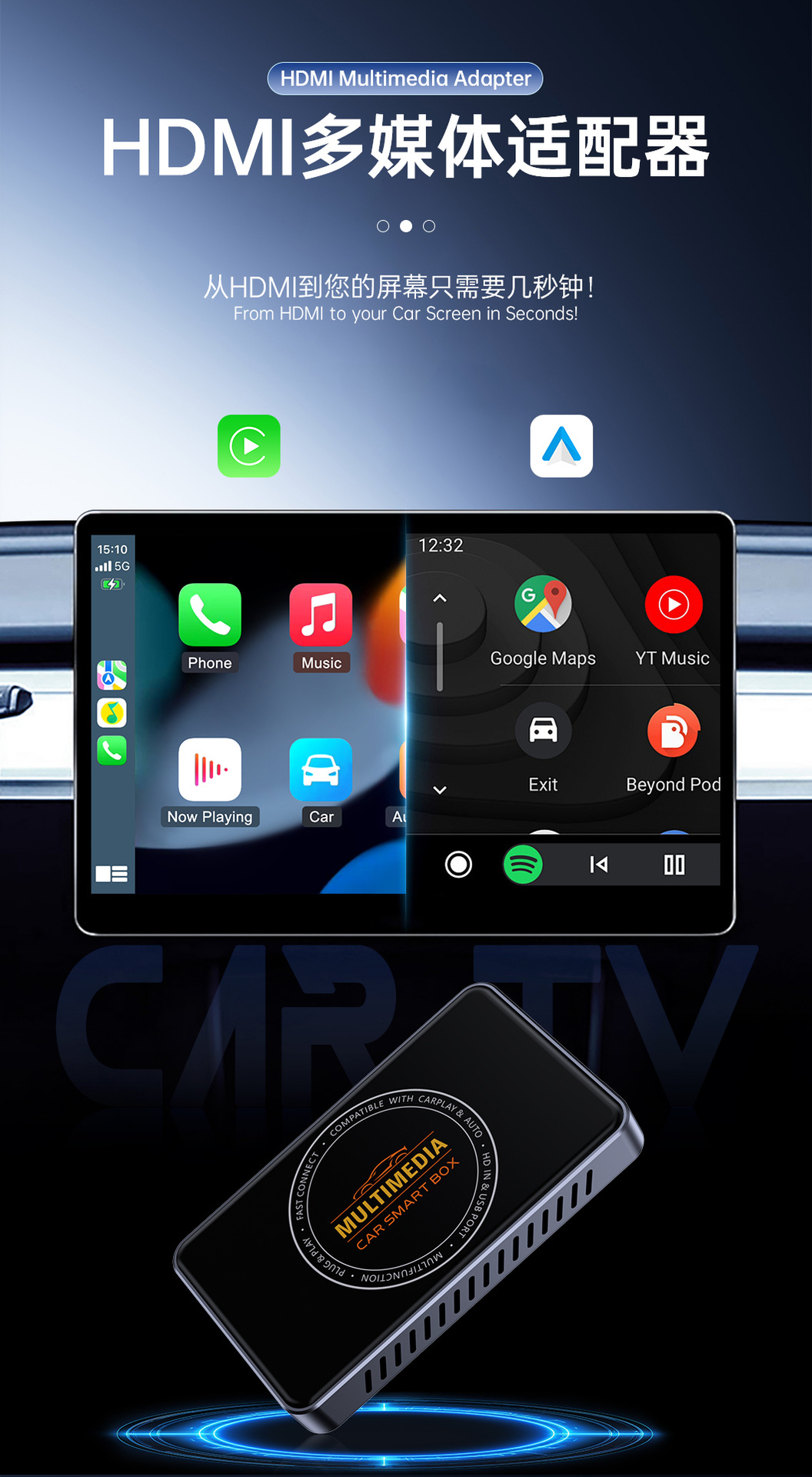 Cross-Border Carplay Screen Projector Car Tv Box Carplay/Android Auto to HDMI Video Box