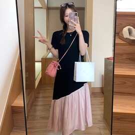 不规则撞色拼接短袖连衣裙女设计感宽松显瘦圆领T恤长裙新款薄纱