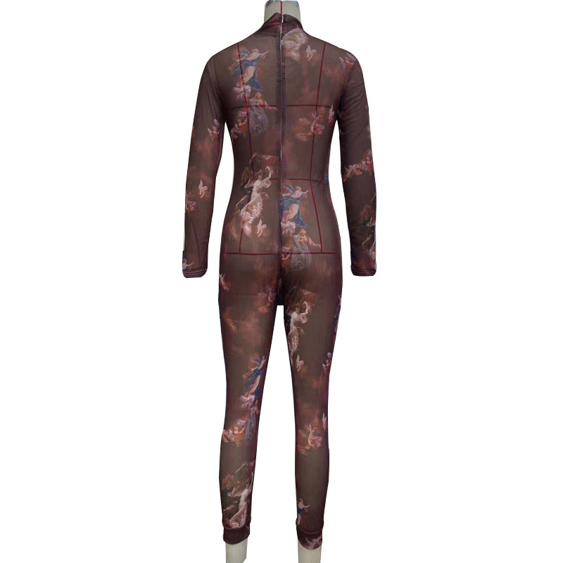 Sexy Printed Tight Jumpsuit Hip High Elastic Mesh Casual Pants