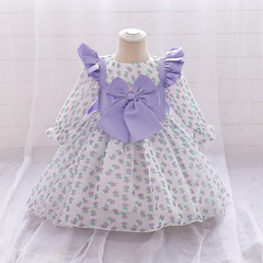 Infant and Toddler Formal Dress Cross-border Baby First Birthday Party Baptism Dress Small Floral Print Long Sleeve Puffed Butterfly Bow Princess Dress
