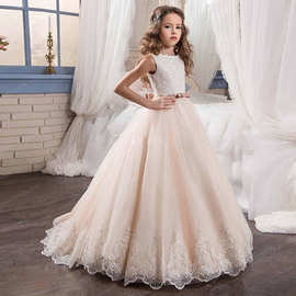 跨境欧美外贸女童公主裙表演服生日钢琴车模模特走秀拖尾摄影童装