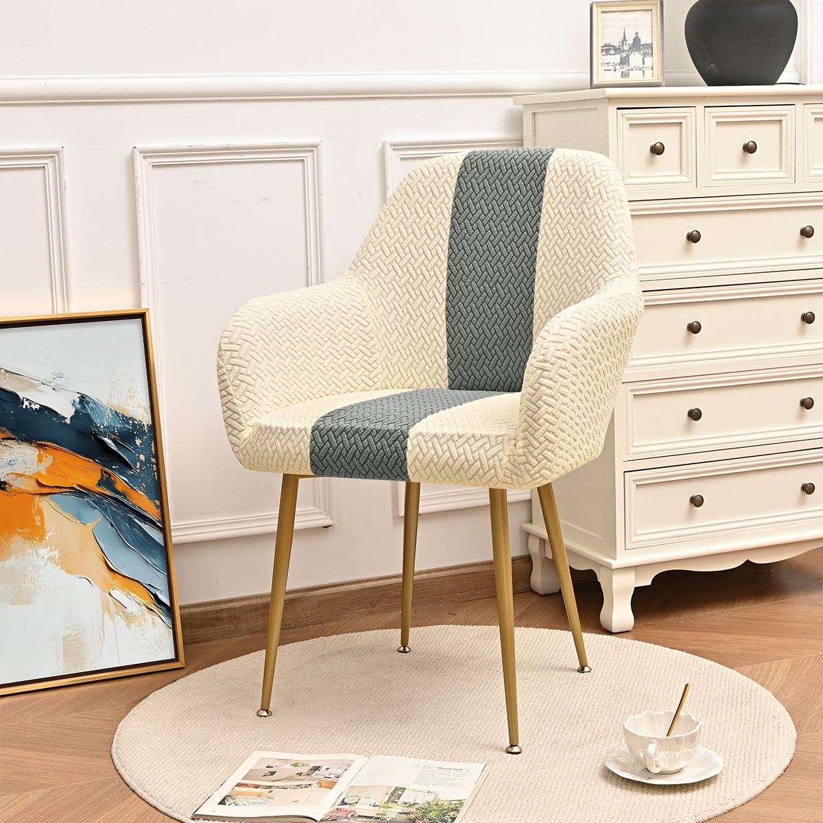 Elástico transfronterizo jacquard T-striped color nuevo cubierta de silla curva a prueba de polvo alto reposabrazos de forma especial cubierta de silla de comedor de hotel