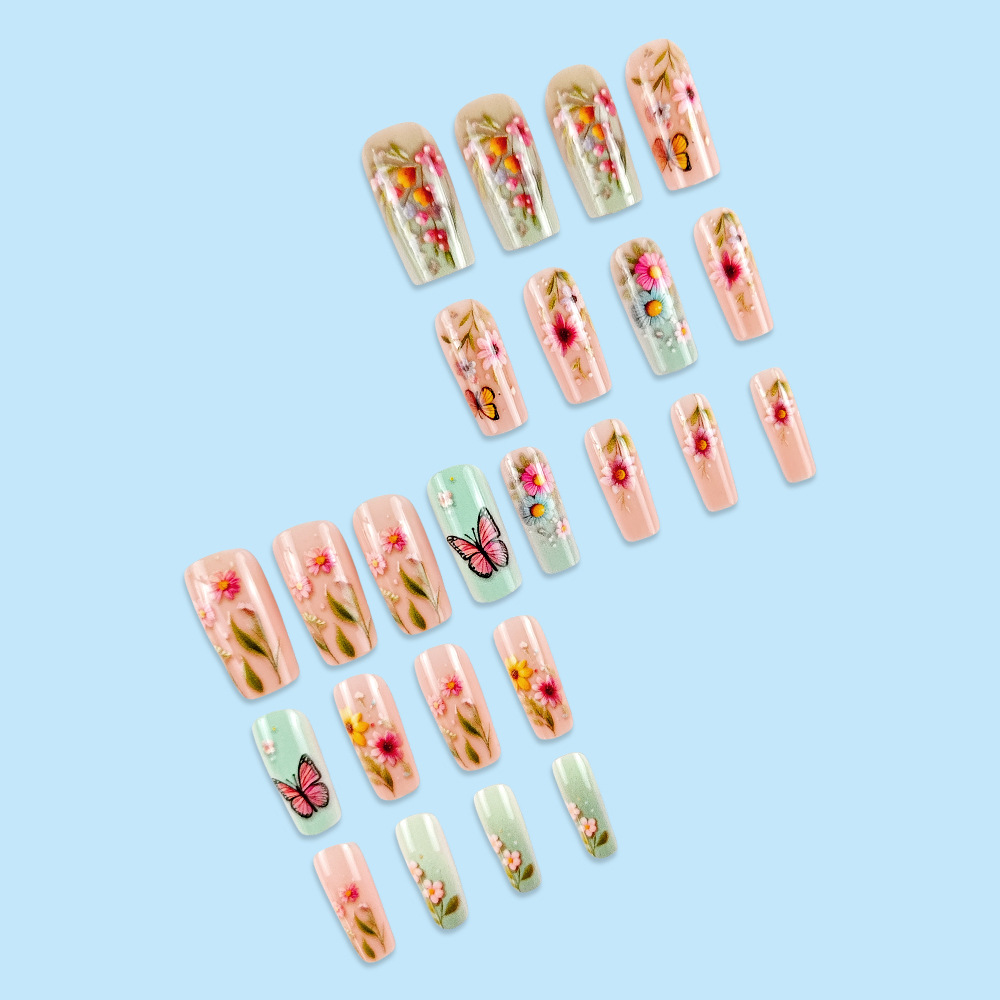 Primavera pastoral flor manicure parche de uñas largo dulce fresco parche de uñas al por mayor mariposa transfronteriza venta caliente usar uñas