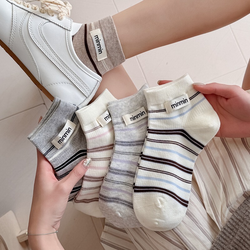 Japanese-Style College-Style Socks for Women, Spring and Summer Trendy Short Socks, Striped Fabric Label Mid-Calf Socks, Breathable Seamless Socks Japanese-Style College-Style Socks for Women, Spring and Summer Trendy Short Socks, Striped Fabric Label Mid-Calf Socks, Breathable Seamless Socks