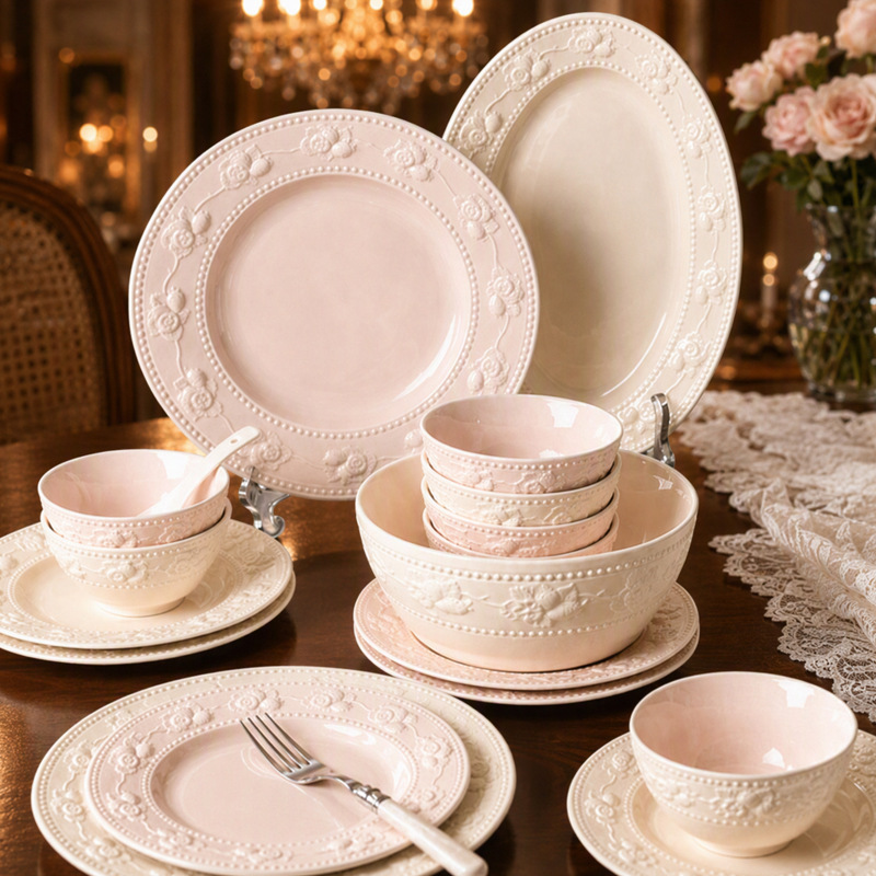 French-Style Embossed Ceramic Tableware Housewarming Gift Gift Box Cream-Style Household Bowl and Plate Set Rice Bowl French-Style Embossed Ceramic Tableware Housewarming Gift Gift Box Cream-Style Household Bowl and Plate Set Rice Bowl