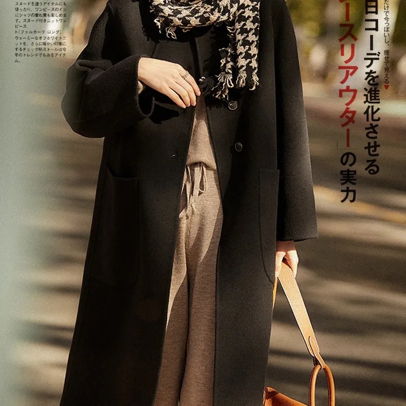 플러스 사이즈 여성용 울 코트 중간 길이 2025 가을 겨울 신상 루즈핏 양면 플리스 모직 코트